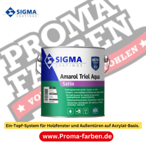 SIGMA AMAROL Triol WV ist ein seidenglänzendes Ein-Topf-System für Holzfenster und Außentüren auf Acrylat-Basis (wasserverdünnbar), schnelltrocknend, für innen und außen. In erster Linie einsetzbar als wirtschaftliches Ein-Topf-System (Grund-, Zwischen- und Schlussbeschichtung) für maßhaltige Holzbauteile (z. B. Fenster etc.). Auch für alle üblichen Untergründe wie Metall, NE-Metall nach entsprechender Vorbehandlung geeignet. Nicht bei Temperaturen < 7 °C verarbeiten.